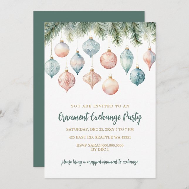Invitación Elegant Pastel Ornament Exchange Christmas Party (Anverso / Reverso)