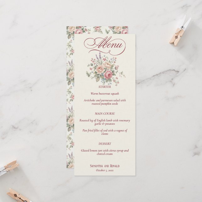 Invitación Elegant Pastel Roses Shabby Chic Wedding Menu (Anverso/Reverso In Situ)