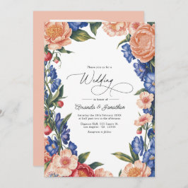 Invitación Elegant Peach and Blue Floral Wedding QR Code