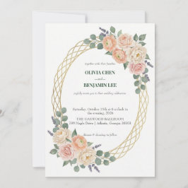 Invitación Elegant Peach Floral & Gold Lattice Oval Wedding