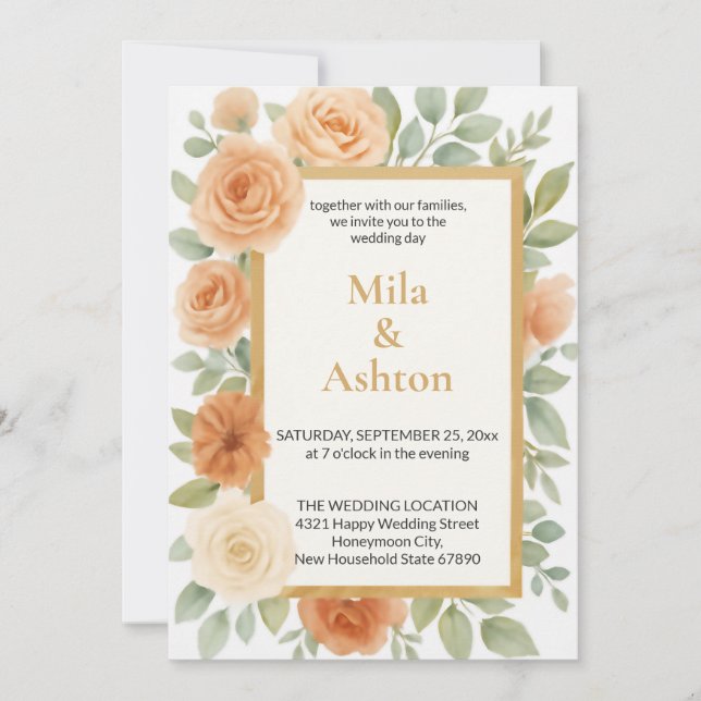 Invitación Elegant Peach Floral Wedding Invitation – Editable (Anverso)