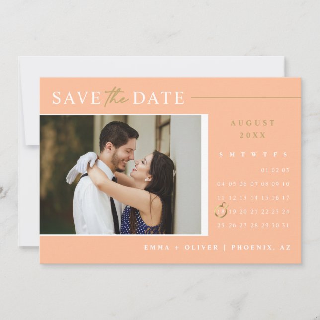 Invitación Elegant Peach Gold Save the Date Calendar QR Code (Anverso)