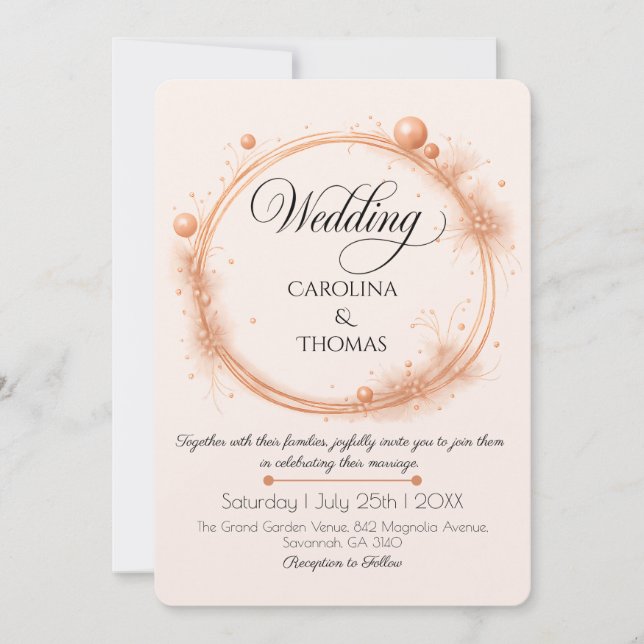 Invitación Elegant Peach Sparkle Wedding Script Calligraphy (Anverso)