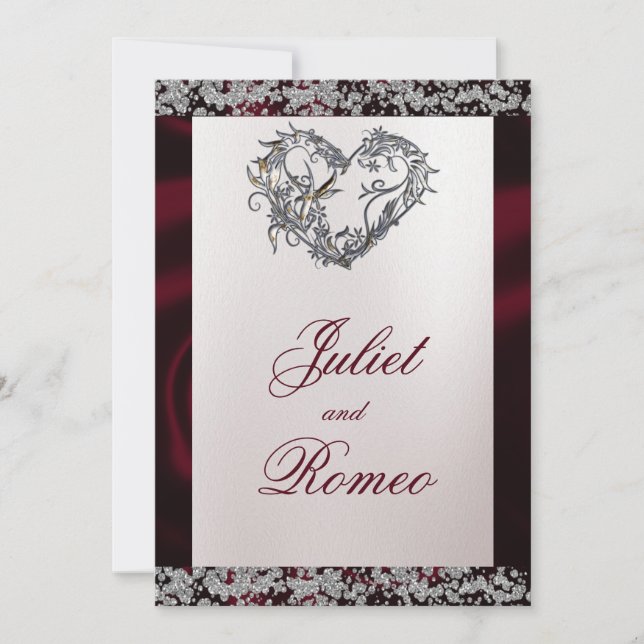 Invitación Elegant Pearl, Burgundy Ribbon & Sparkle (Anverso)