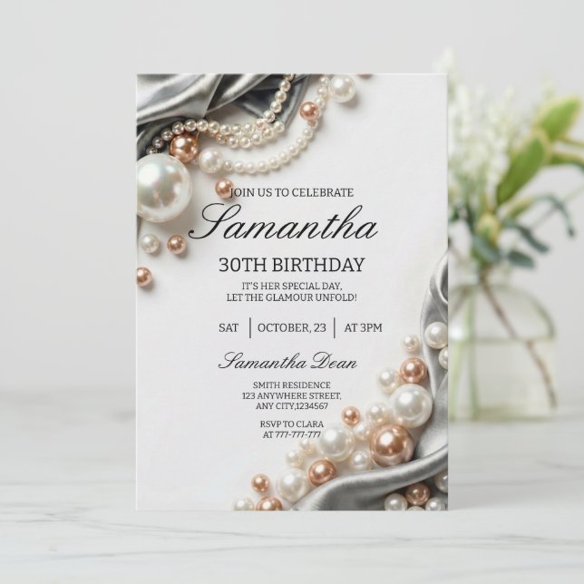 Invitación Elegant Pearls and Satin 30th Birthday Invitation (Anverso de pie)