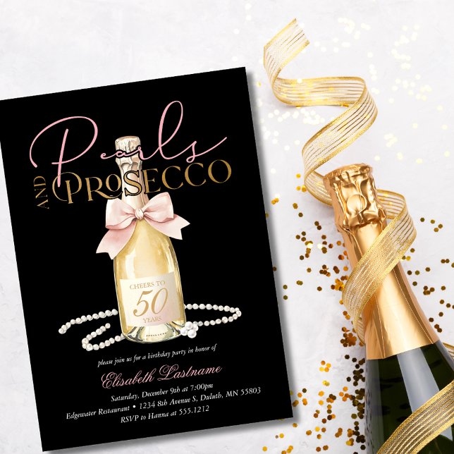 Invitación Elegant Pearls & Prosecco Pink Bow 50th Birthday (Elegant Pearls & Prosecco Pink Bow 50th Birthday Invitation)