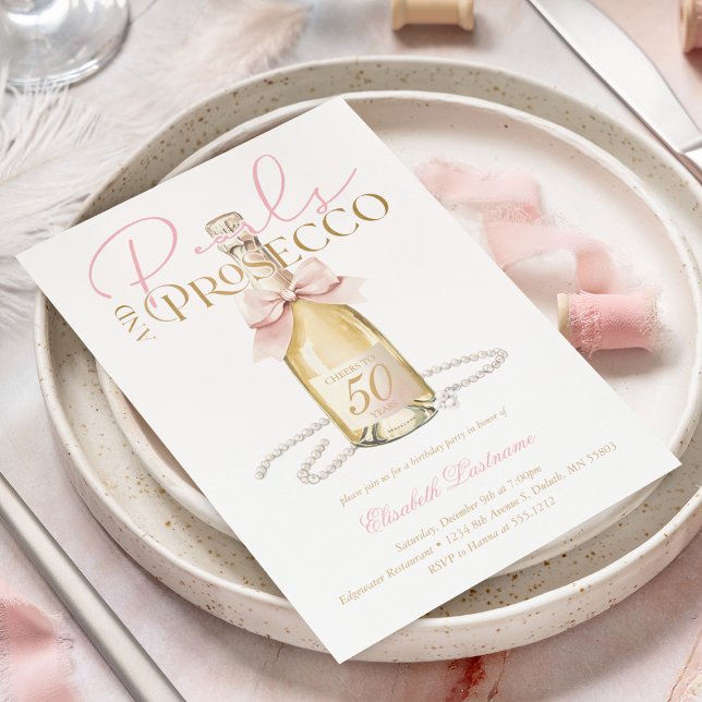 Invitación Elegant Pearls & Prosecco Pink Bow 50th Birthday (Elegant Pearls & Prosecco Pink Bow 50th Birthday Invitation)