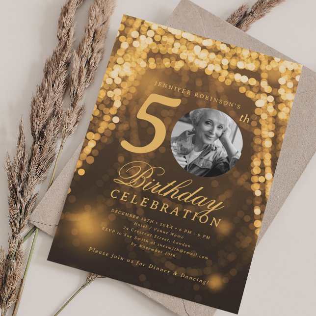 Invitación Elegant Photo 50th Birthday Gold Glam Lights (Elegant Photo 50th Birthday Gold Glam Lights Invitation)
