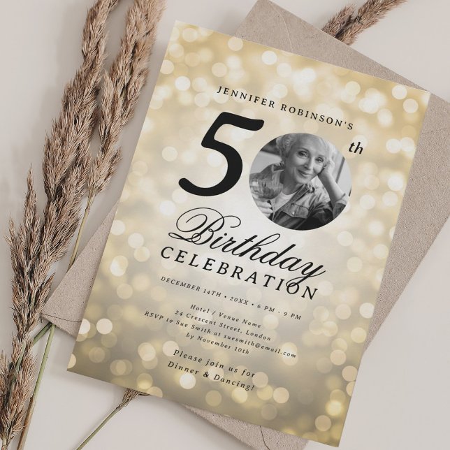 Invitación Elegant Photo 50th Birthday Party Gold Bokeh (Subido por el creador)