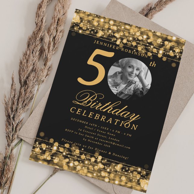 Invitación Elegant Photo 50th Birthday Party Gold Lights (Elegant Photo 50th Birthday Party Gold Lights Invitation)