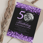 Invitación Elegant Photo 50th Birthday Party Purple Lights<br><div class="desc">An elegant "50th Birthday" party invitation design with personalized photo,  modern typography and a string lights background.</div>