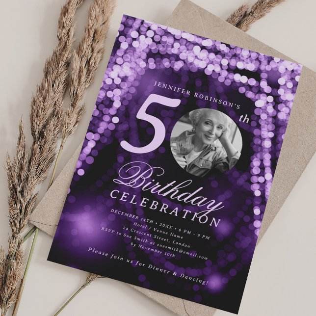 Invitación Elegant Photo 50th Birthday Purple Glam Lights (Elegant Photo 50th Birthday Purple Glam Lights Invitation)