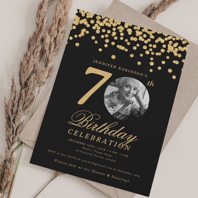 Invitación Elegant Photo 70th Birthday Gold Black Confetti (Elegant Photo 70th Birthday Gold Black Confetti Invitation)