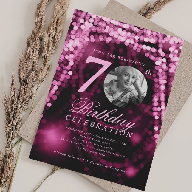 Invitación Elegant Photo 70th Birthday Hot Pink Glam Lights (Elegant Photo 70th Birthday Hot Pink Glam Lights Invitation)