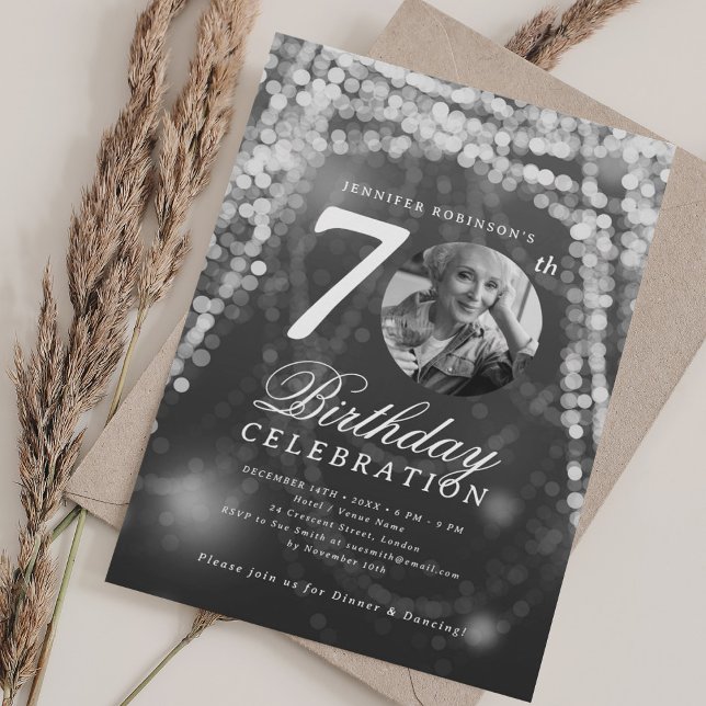 Invitación Elegant Photo 70th Birthday Silver Glam Lights (Elegant Photo 70th Birthday Silver Glam Lights Invitation)