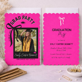 Invitación Elegant Photo Coquette Black Pink Bow Graduation 