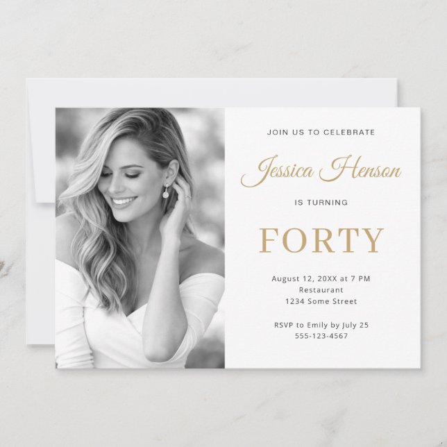 Invitación Elegant Photo Gold Script Minimal 40th Birthday (Anverso)