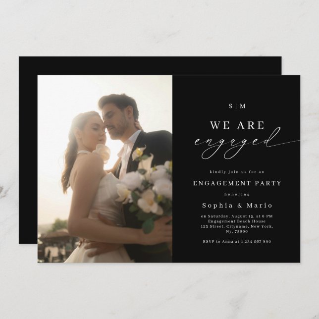 Invitación Elegant Photo & Monogram Black Engagement Party (Anverso / Reverso)