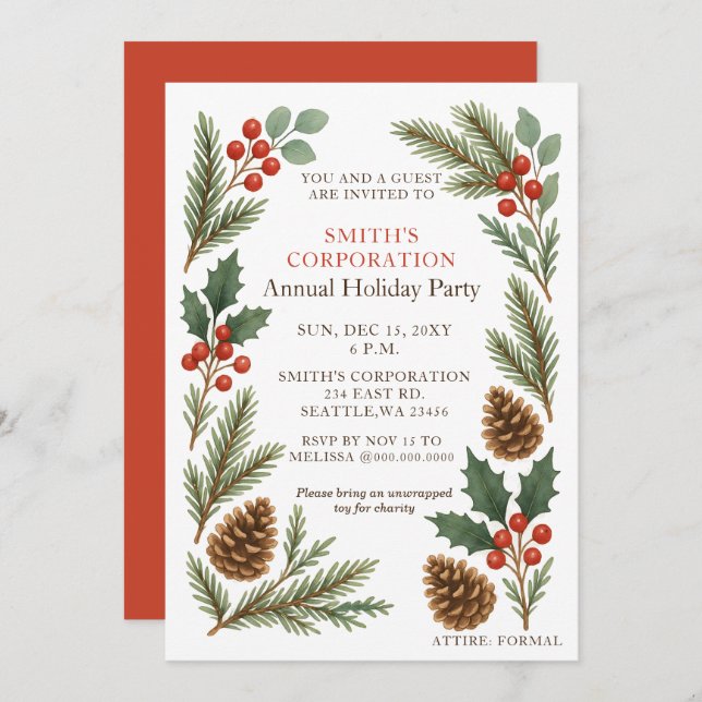 Invitación Elegant Pine Berries Corporate Holiday Party  (Anverso / Reverso)