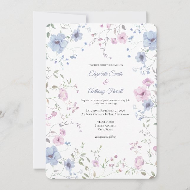 Invitación Elegant Pink And Dusty Blue Floral Wedding (Anverso)