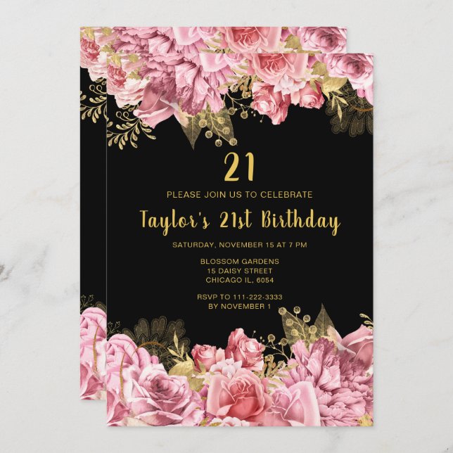 Invitación Elegant Pink and Gold Flowers Birthday Party (Anverso / Reverso)