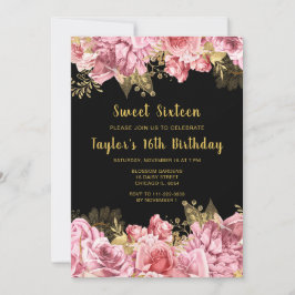 Invitación Elegant Pink and Gold Flowers Sweet Sixteen