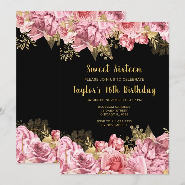 Invitación Elegant Pink and Gold Flowers Sweet Sixteen (Anverso / Reverso)