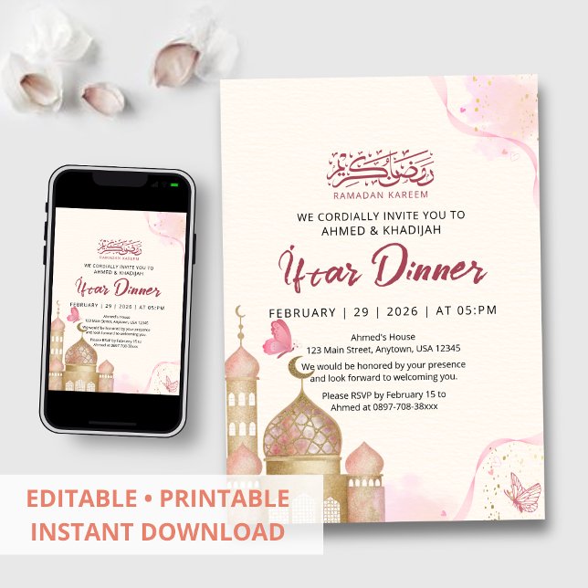 Invitación Elegant Pink and Gold Ramadan Iftar Dinner (Subido por el creador)