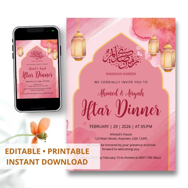 Invitación Elegant Pink and Gold Watercolor Arch Iftar Dinner (Subido por el creador)