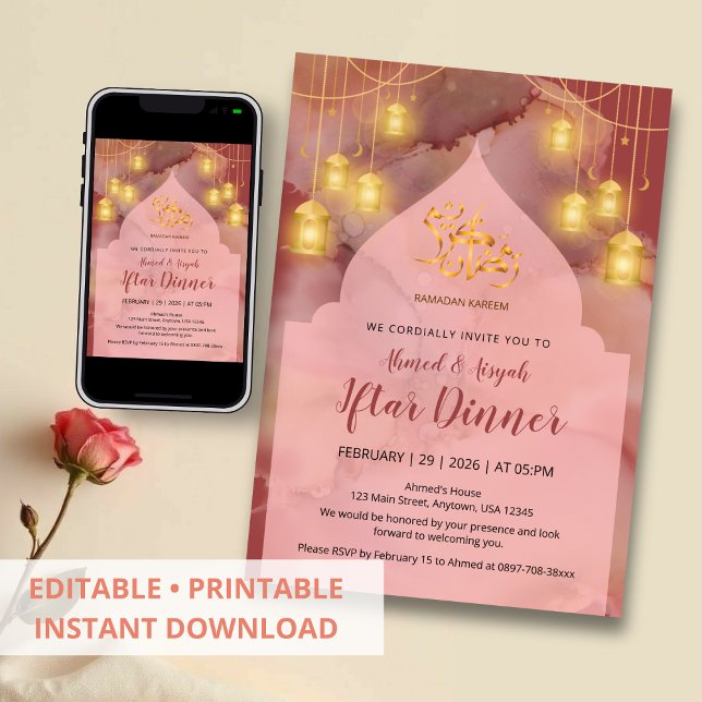 Invitación Elegant Pink and Maroon gold Ink Iftar (Subido por el creador)