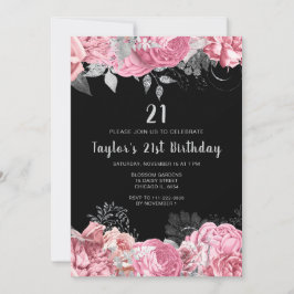 Invitación Elegant Pink and Silver Flowers Birthday Party