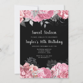 Invitación Elegant Pink and Silver Flowers Sweet Sixteen