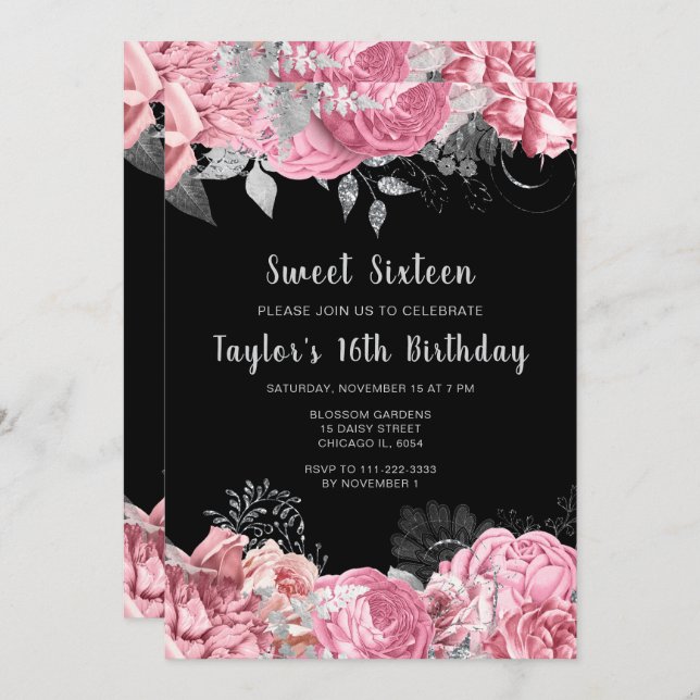 Invitación Elegant Pink and Silver Flowers Sweet Sixteen (Anverso / Reverso)