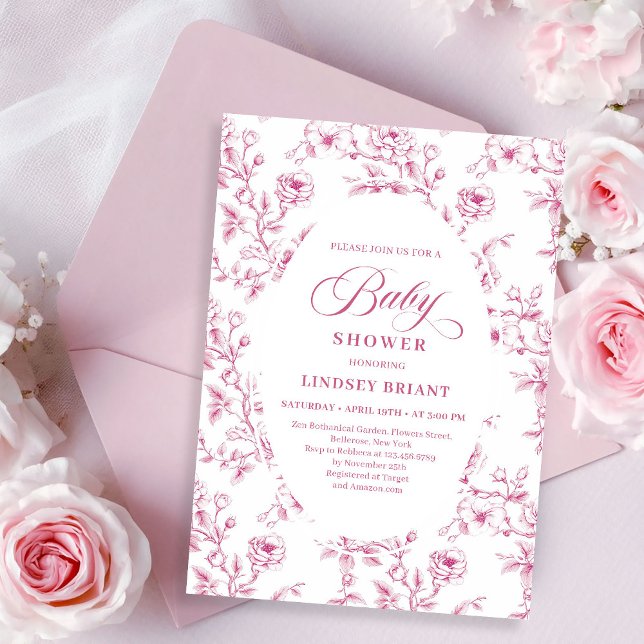 Invitación Elegant Pink and White Rose Pattern Baby Shower   (Elegant Pink and White Rose Pattern Baby Shower Invite)