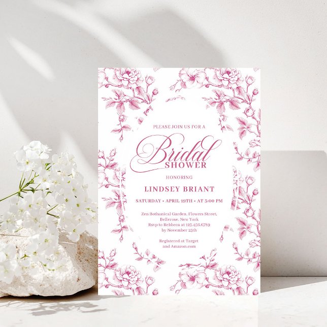 Invitación Elegant Pink and White Rose Pattern Bridal Shower  (Elegant Pink and White Rose Pattern Bridal Shower Invite)