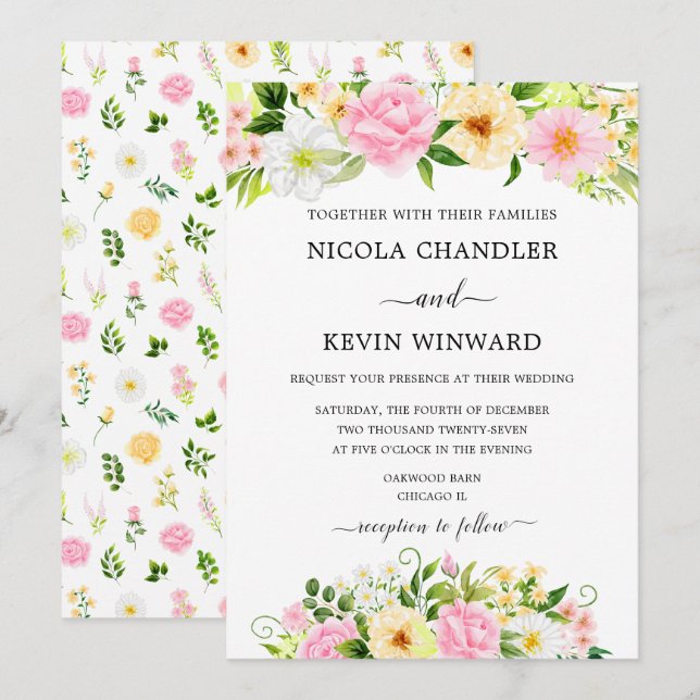 Invitación Elegant Pink and Yellow Floral Wedding (Anverso / Reverso)