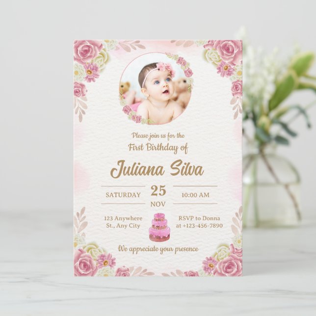 Invitación Elegant Pink Baby Girl First Birthday Custom Photo (Anverso de pie)