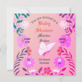 Invitación Elegant pink baby shower, butterflies and flowers 