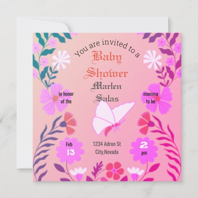 Invitación Elegant pink baby shower, butterflies and flowers  (Anverso)