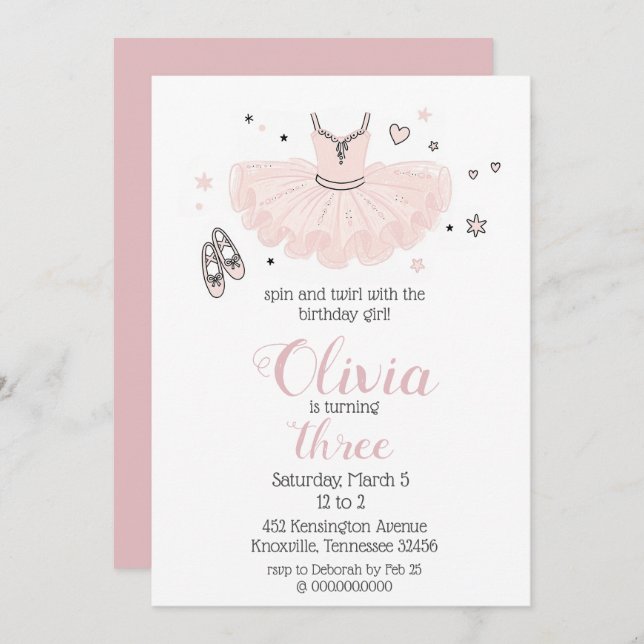 Invitación Elegant Pink Ballerina Birthday (Anverso / Reverso)