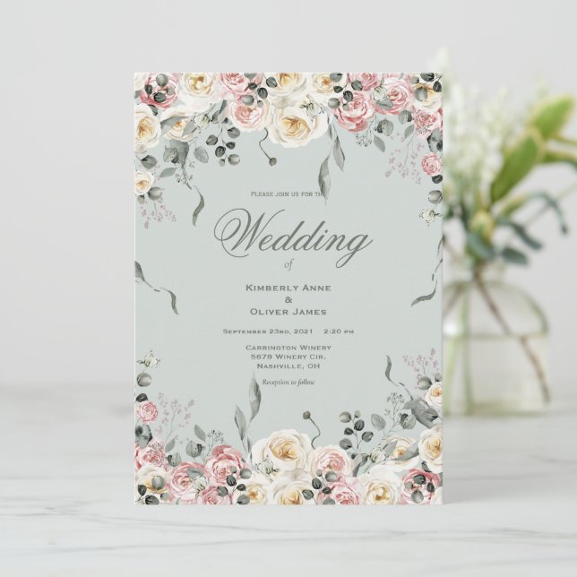 Invitación Elegant Pink Bliush Ivory Floral Wedding (Anverso de pie)