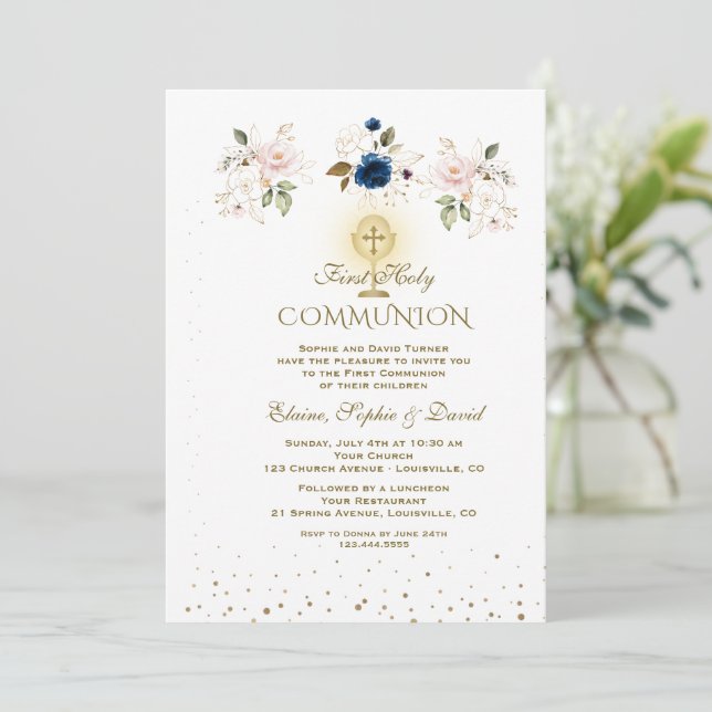 Invitación Elegant Pink Blue Floral Triplets Holy Communion (Anverso de pie)