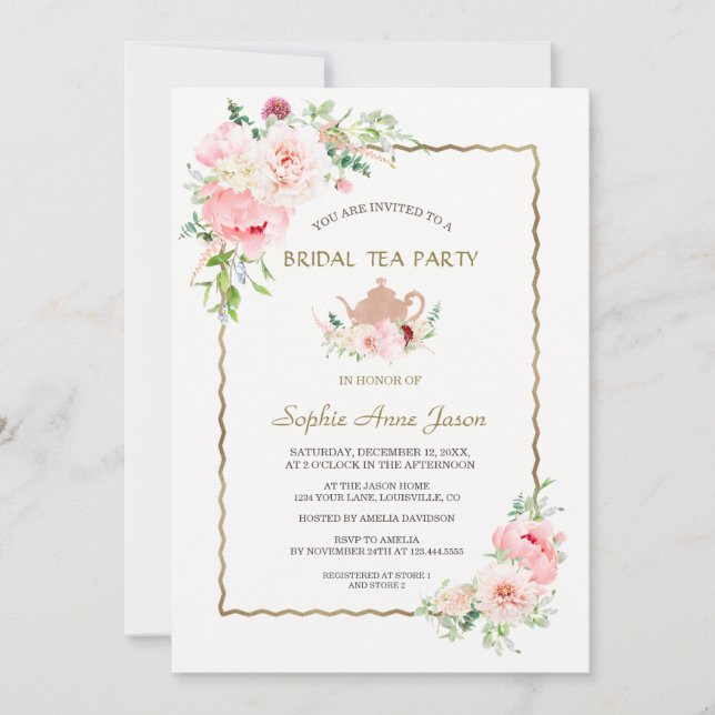 Invitación Elegant Pink Blush Flowers Gold Bridal Tea Party (Anverso)