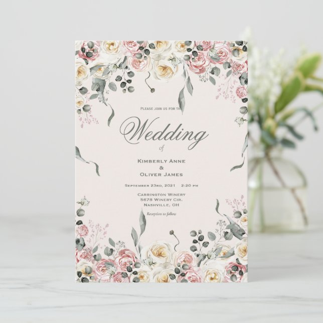 Invitación Elegant Pink Blush Ivory Floral Wedding (Anverso de pie)