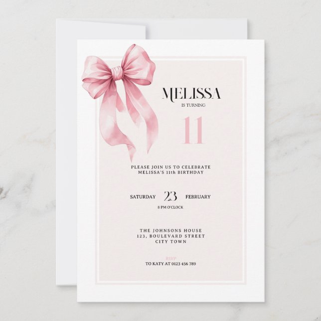 Invitación Elegant Pink Bow 11th Birthday Invitation (Anverso)