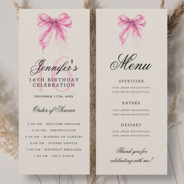 Invitación Elegant Pink Bow 16th Birthday Party Program Menu (Elegant Pink Bow 16th Birthday Party Program Menu)