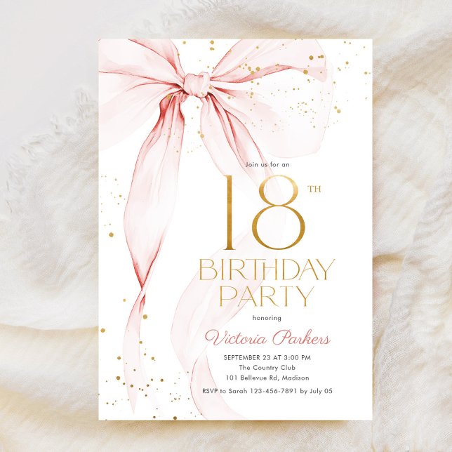 Invitación Elegant Pink Bow 18th Birthday Invitation (Subido por el creador)