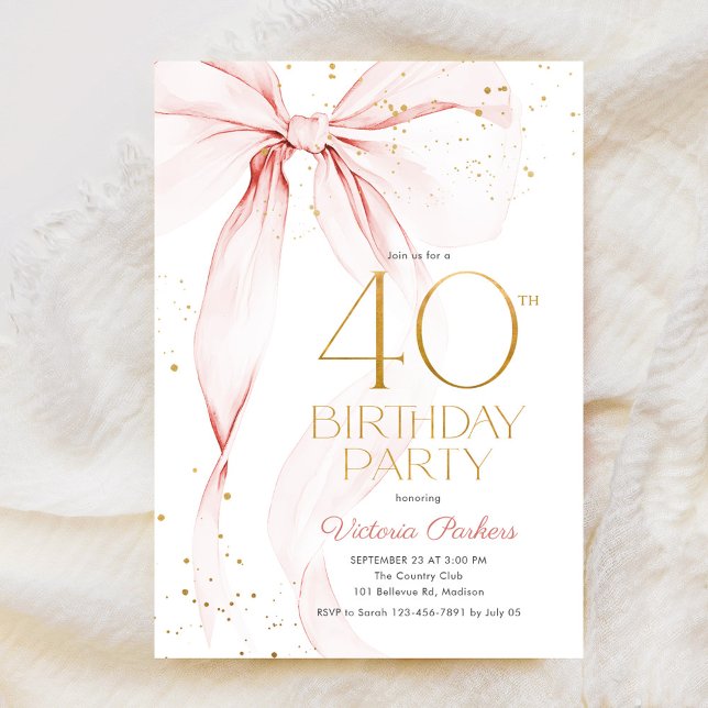 Invitación Elegant Pink Bow 40th Birthday Invitation (Subido por el creador)