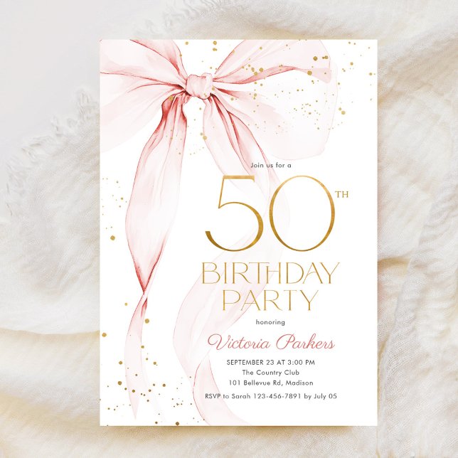 Invitación Elegant Pink Bow 50th Birthday Invitation (Subido por el creador)