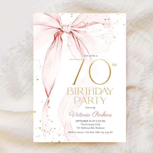 Invitación Elegant Pink Bow 70th Birthday Invitation (Subido por el creador)